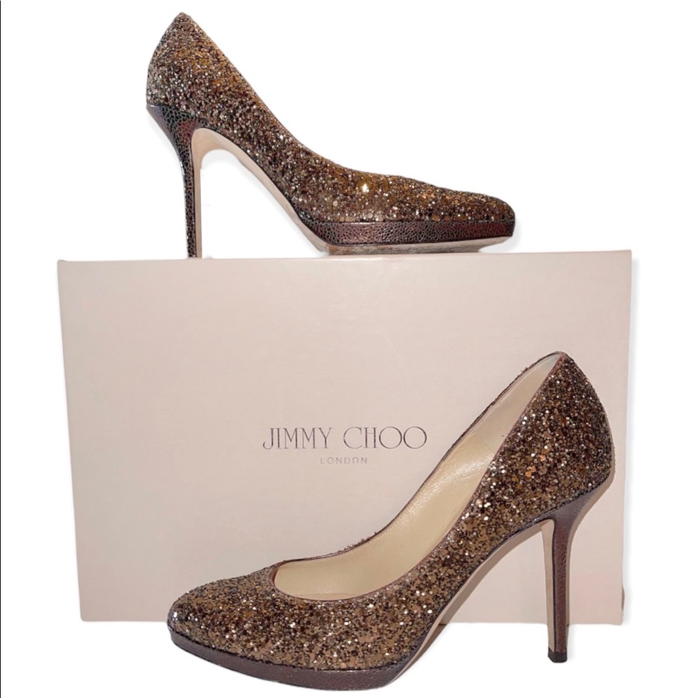 JIMMY CHOO Aimee Pumps Bronze Glitter Front Platform Heels Euro Size 37 EUC